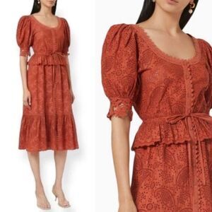 NWOT Ulla Johnson Elodie Rose Red Lace Eyelet Midi Dress, Size 4